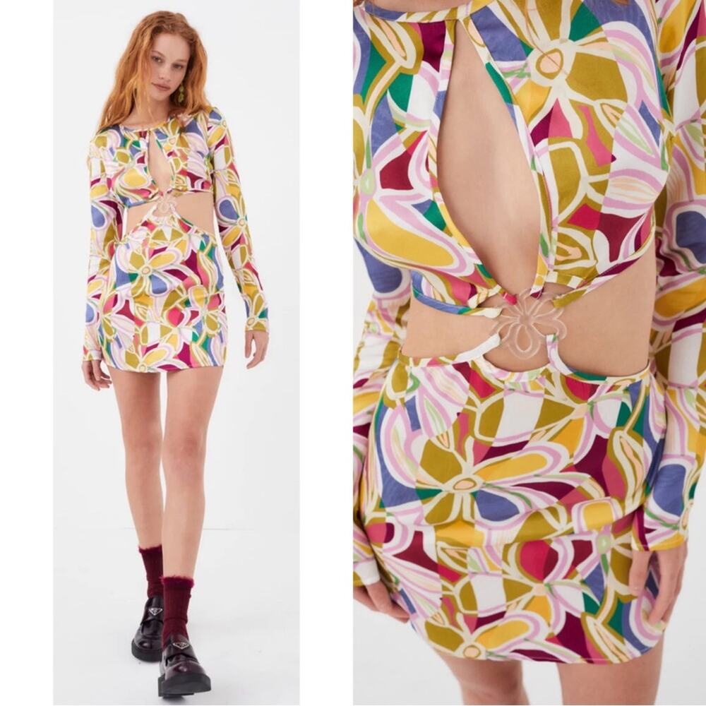 FOR LOVE & LEMONS Thora Long Sleeve Cutout Abstract Floral Mini Dress Size XXS